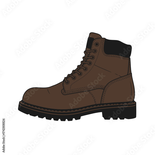 Durable brown work boot with black laces and sturdy sole for outdoor activities and construction work vector silhouette on a white background