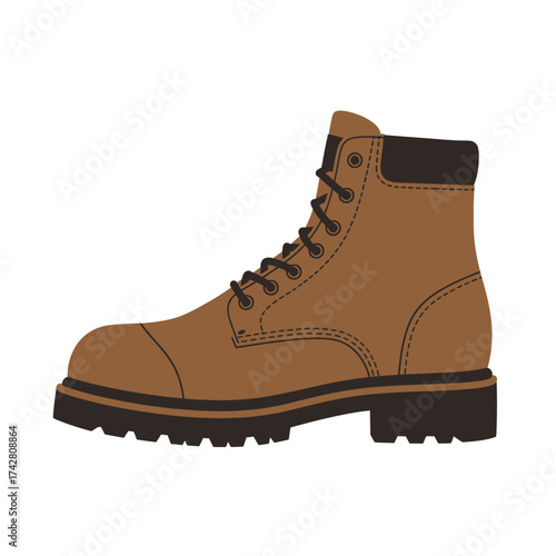Durable tan work boot with laces and lug sole for outdoor activities and construction vector silhouette on a white background