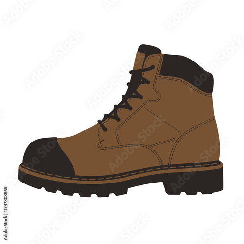 Durable brown steel toe work boot with black accents and laces for rugged wear vector silhouette on a white background