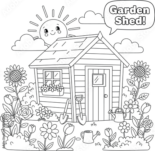 Backyard garden scene with a shed and tools, line art illustration for coloring.