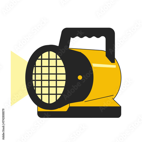 Bright yellow spotlight with handle emitting powerful light beam vector silhouette on a white background