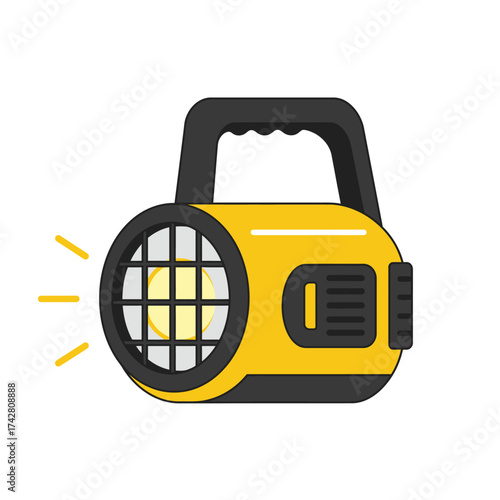 Bright yellow handheld spotlight shining light rays emergency outdoor portable lighting device vector silhouette on a white background