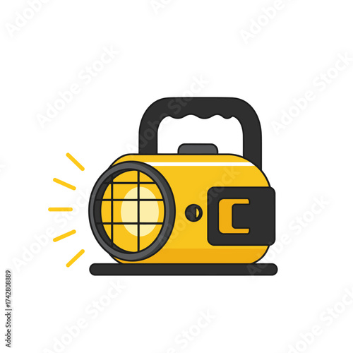 Bright yellow lantern with spotlight effect illuminated equipment for outdoor adventures and work vector silhouette on a white background