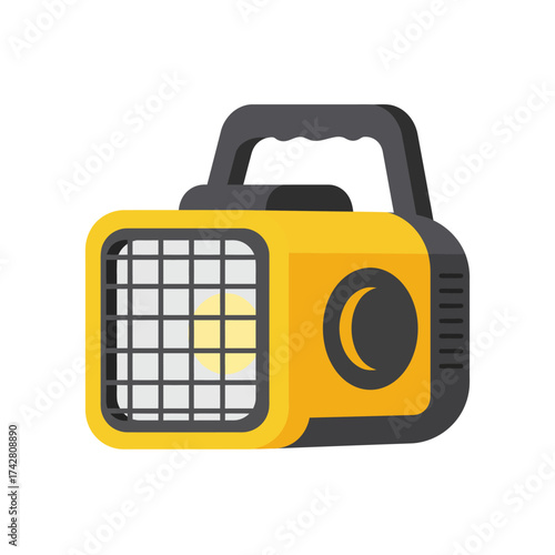 Bright yellow portable work light with handle and powerful illumination grid for outdoor and industrial use vector silhouette on a white background