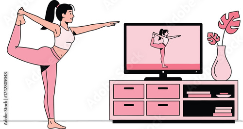 Woman doing yoga at home watching online class on television set editable vector