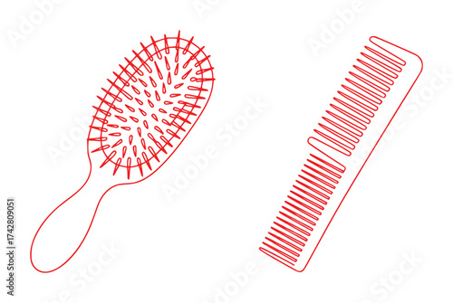 Red Line Art of a Hairbrush and Comb on a White Background