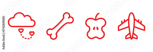 Red Line Icons Cloud with Hearts, Bone, Apple Core, and Airplane