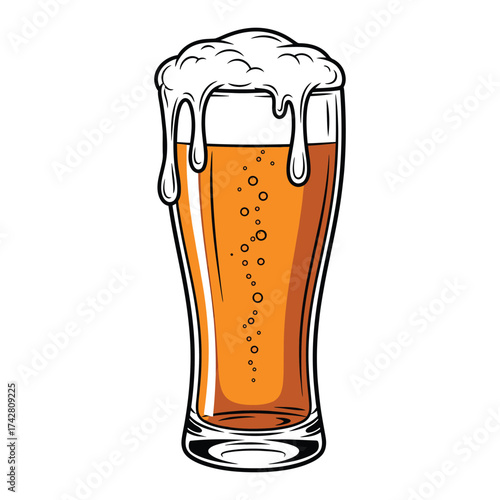 Vector art of a tall glass of beer with frothy head
