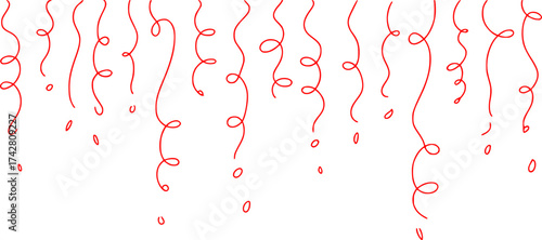 Red Swirling Ribbons and Confetti Falling on White Background
