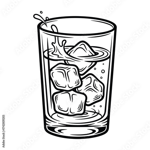 Vector art of glass of water with ice cubes and splash