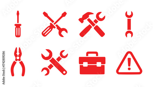 Red Tool Icons Screwdriver, Wrench, Hammer, Pliers, Toolbox, and Warning Sign