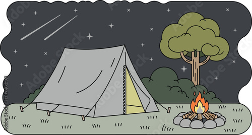 Camping illustration with tent campfire and starry night sky editable vector