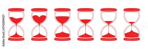 Six Red Hourglasses Showing Different Stages of Time Flow