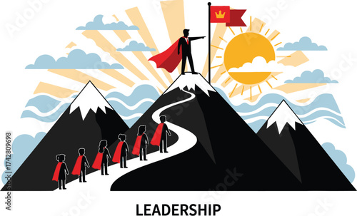 Leadership concept vector illustration with team and mountain peak editable vector
