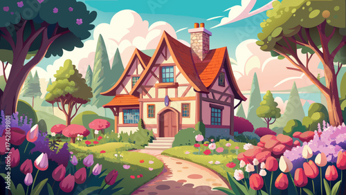Very beautiful French cottage surrounded by blooming tulips and daisies, pastel tones, cartoon-like vector style, fresh spring vibes, isolated on white background, perfect for romantic countryside 
