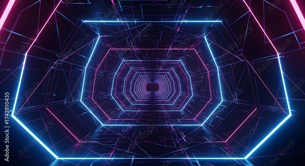 Obraz premium A digital rendering of a futuristic hexagonal tunnel with glowing neon lines in blue and pink, creating a sense of depth and movement. The tunnel is illuminated by