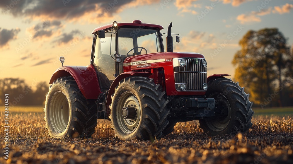 Fototapeta premium Red tractor in a field at sunset
