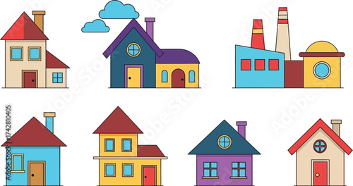 Cartoon houses and buildings vector illustration set collection editable vector