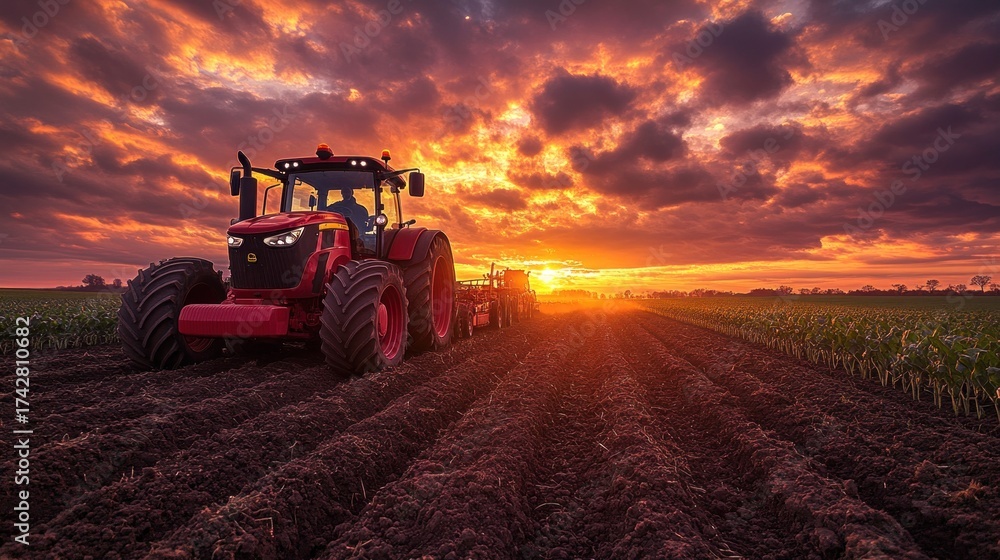 Fototapeta premium Red tractor plows field at fiery sunset