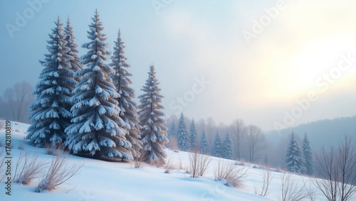 Snow-dusted pine trees stand tall amidst a serene winter landscape, set against a soft, gradient blue sky