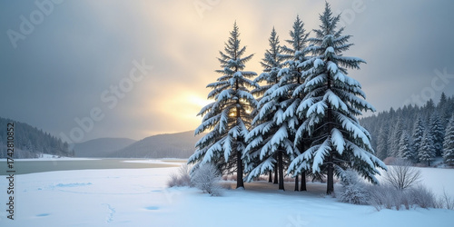 Snow-dusted pine trees stand tall amidst a serene winter landscape, set against a soft, gradient blue sky