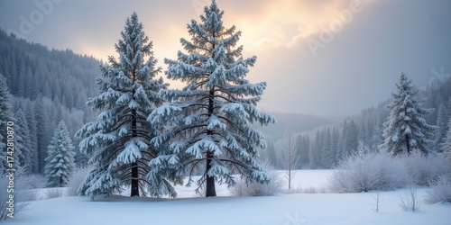 Snow-dusted pine trees stand tall amidst a serene winter landscape, set against a soft, gradient blue sky