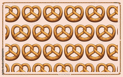 Vector art of seamless pattern of pretzels on a beige background, perfect for oktoberfest