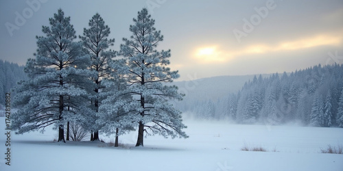 Snow-dusted pine trees stand tall amidst a serene winter landscape, set against a soft, gradient blue sky