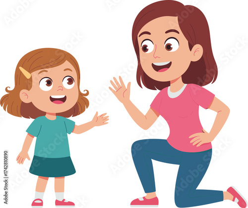 Cartoon woman and girl, happy family interaction, mother child relationship, smiling characters, parenting illustration, education, bonding, love, care, communication, lifestyle