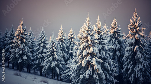 Snow-dusted pine trees stand tall amidst a serene winter landscape, set against a soft, gradient blue sky