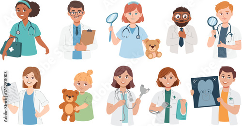 Cartoon, doctors, nurses, pediatricians, medical equipment, stethoscope, clipboard, teddy bear, x-ray, healthcare, diverse, team, illustration, hospital, professionals