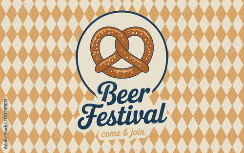Vector art of vintage beer festival poster with pretzel on circle and bavarian background