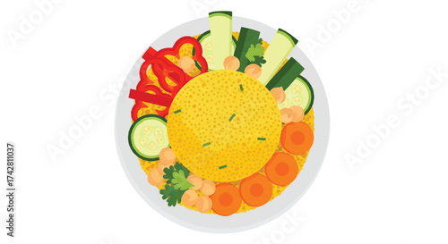 Healthy Vegetarian Bowl of Couscous with Fresh Vegetables and Chickpeas, Top View Illustration