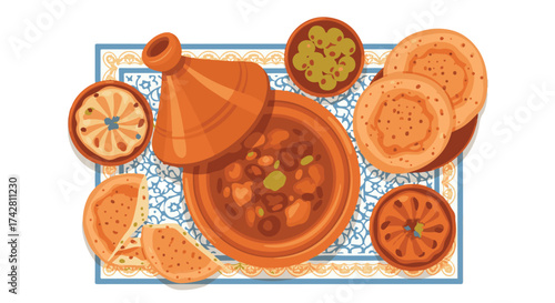 Vibrant illustration of a traditional Moroccan tagine stew, served with fresh flatbread and citrus on a patterned mat, capturing the savory essence of North African cuisine