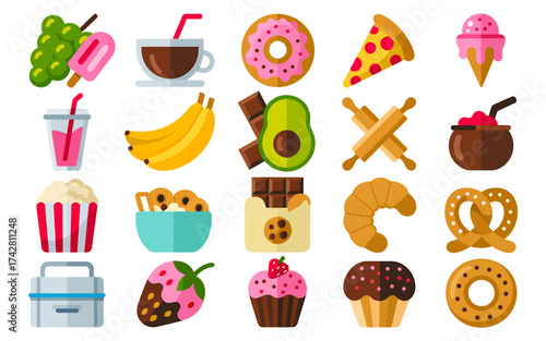 Vector art of pixel art illustration of various food and dessert items on