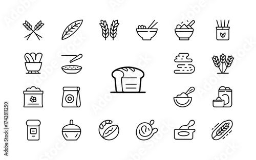 Vector art of line art illustration of bakery and cereal products