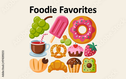 Vector art of foodie favorites illustration with sweets, desserts, and fruits on light background