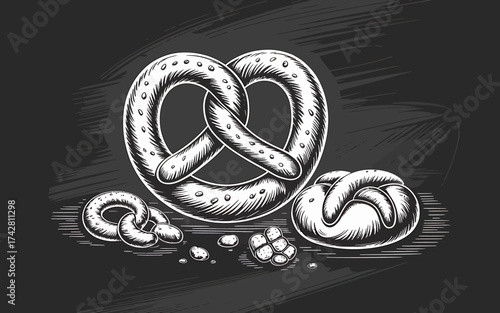 Vector art of hand drawn pretzels with salt grains on, bakery product
