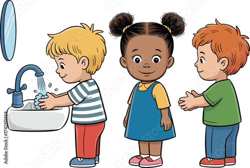 Children washing hands in bathroom, kids hygiene education, handwashing awareness, school health safety, clean water, soap, prevention, germs, healthy lifestyle, learning