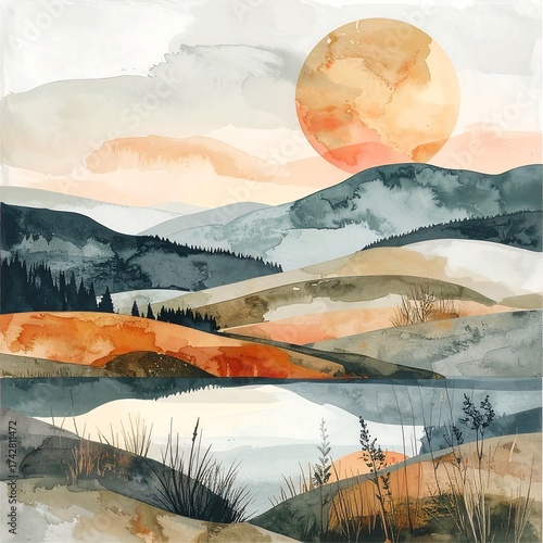 Serene watercolor landscape featuring layered mountains and a vibrant sunset