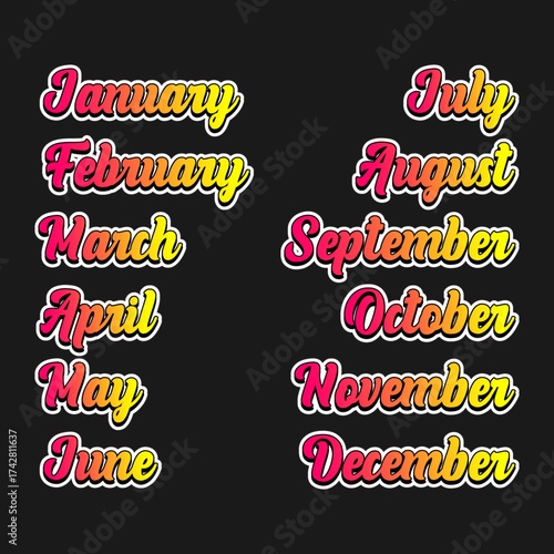 Month Names Year Style Lettering Stock Vector Design