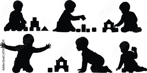 Silhouette of baby playing with blocks, learning shapes, early childhood development, toddler activity, black and white vector, educational concept