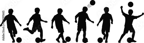 Silhouette of boy playing soccer with football, kicking, heading, dribbling, and celebrating, children sports activity, teamwork, energy concept illustration
