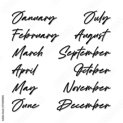 Month Names Year Style Lettering Stock Vector Design Black White