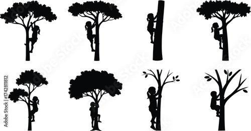 Silhouette of children climbing trees, outdoor adventure, nature exploration, childhood fun, active playtime, learning through climbing, forest outdoor illustration