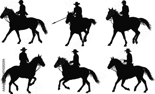 Silhouette of horse riders in motion, cowboy and equestrian figures riding horses, western culture illustration, animal movement concept, black outline art