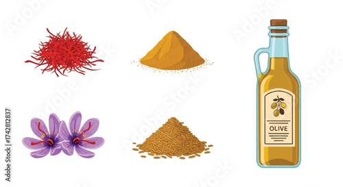 Vibrant saffron, aromatic spices, and healthy olive oil essential culinary ingredients for gourmet cooking and diverse global cuisines