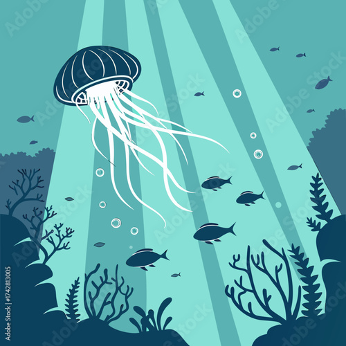 Bright white jellyfish and fish in a sunlit ocean underwater