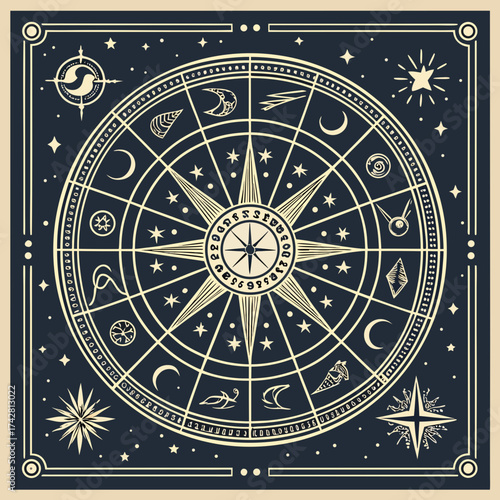Celestial and zodiacal compass with astrological symbols