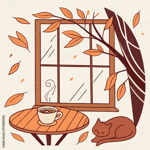 Cozy Autumn Scene With Cat And Coffee By Window fall